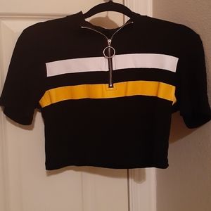 Yellow and White striped black crop top